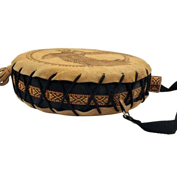 Handcrafted Canteen Round Suede Shoulder Bag With Embossed Eagle Design & Woven - Picture 8 of 8